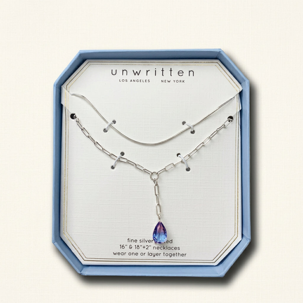 NIB Unwritten 2 Layer Necklace Teardrop Pendant Silver/Purple