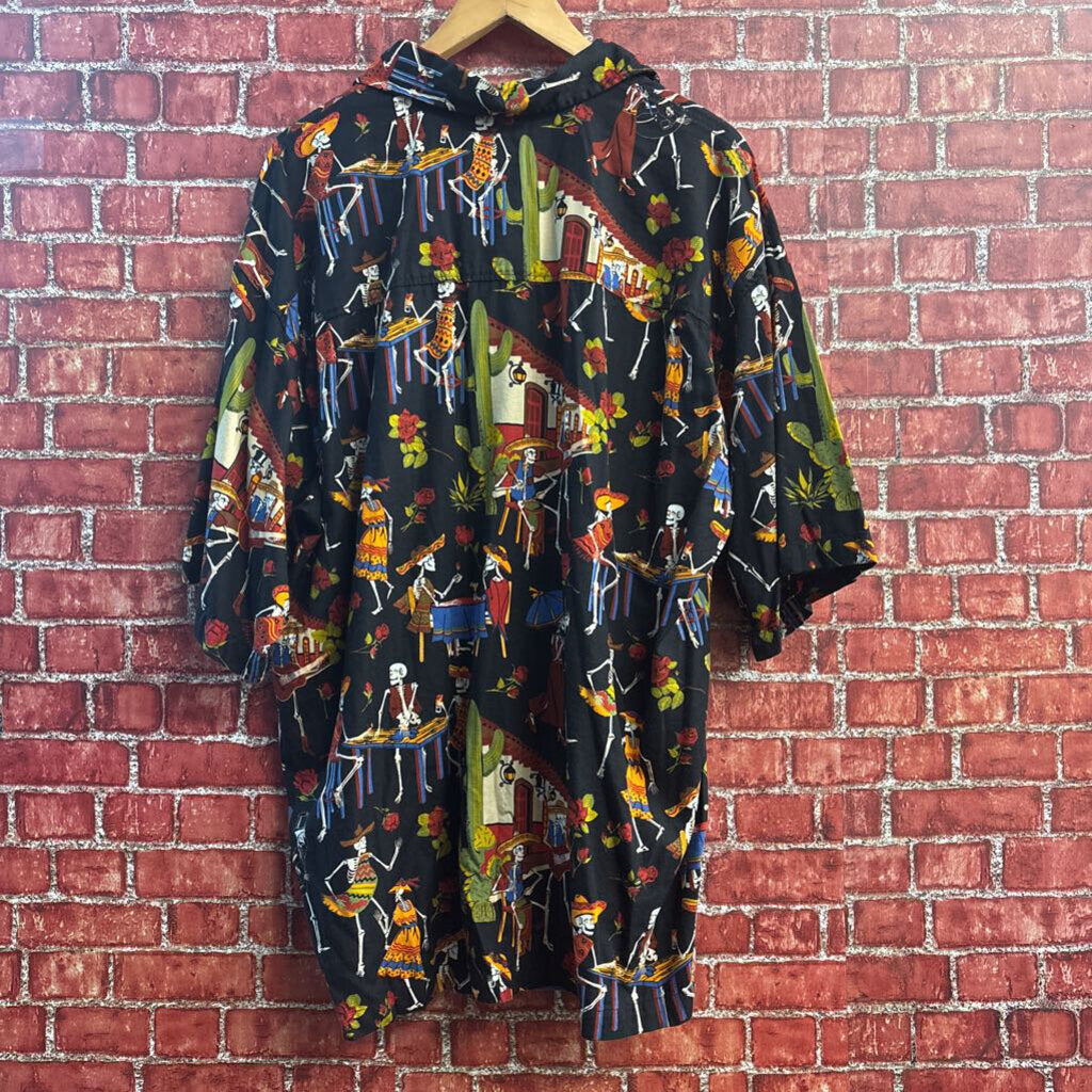 David Carey Originals "Day of the Dead" Skeleton Mariachi Button Up T-Shirt Black/Orange/White/Multi Size 2XL