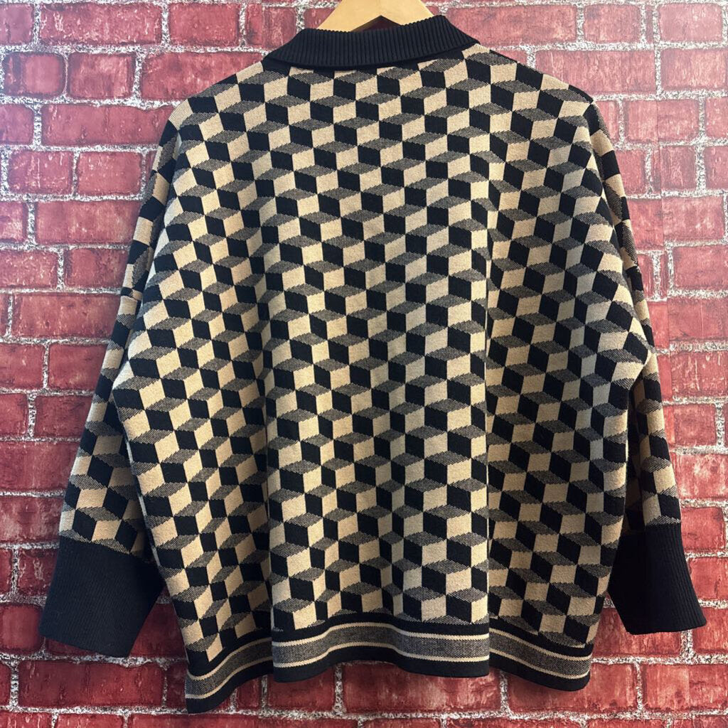 Tuckernuck Geometric Cube Knit Polo Long Sleeve Sweater Tan/Black Ladies Size XL/XXL