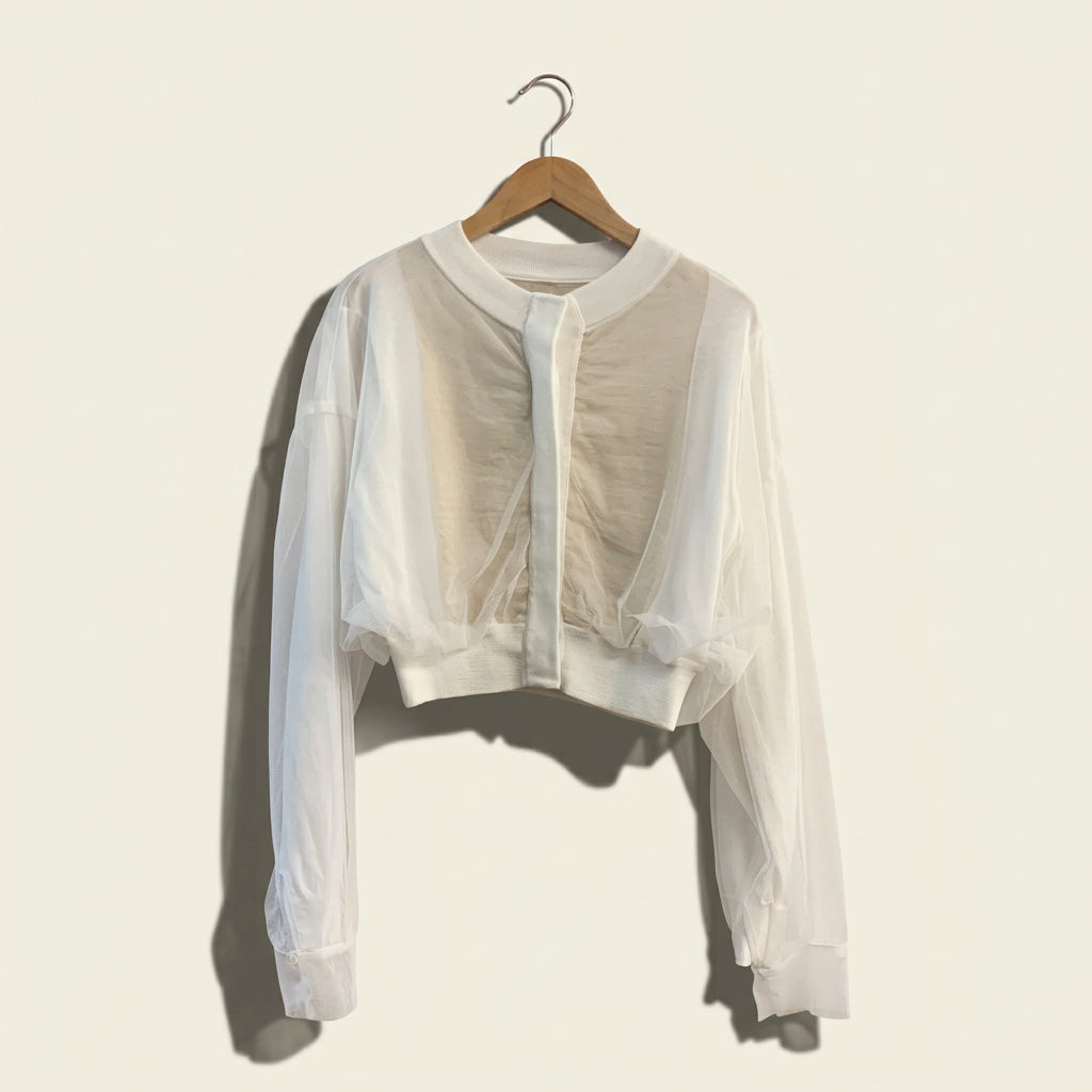 DEMOO Button Up Sweater Tulle Layered Long Sleeve White/Tan Ladies Size Small