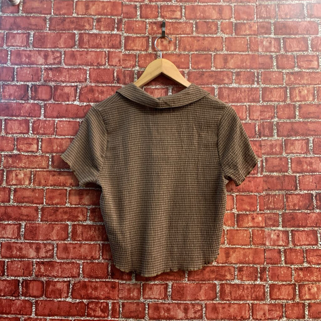 Madewell Top Collar Short Sleeve Horizontal Stripes Brown Ladies Size M
