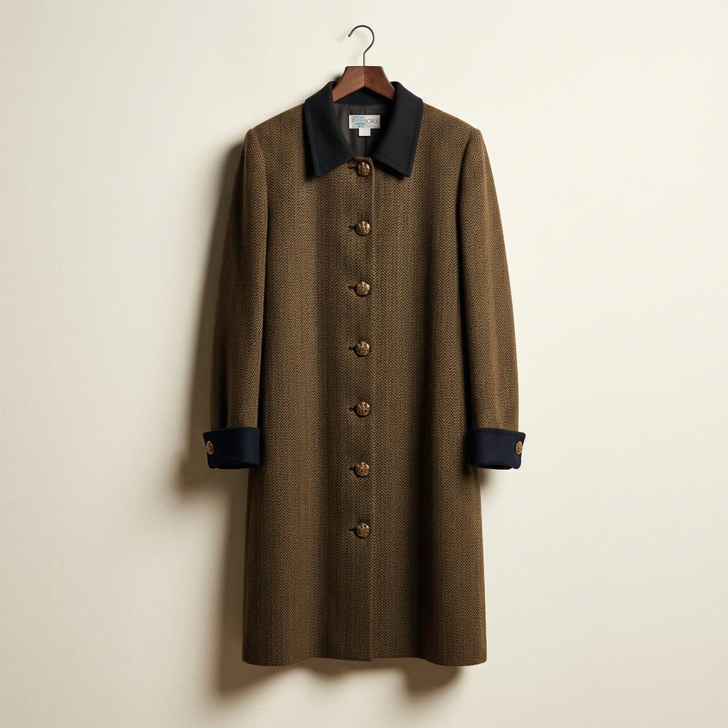 Tamotsu Vintage Jacket Long Herringbone Brown/Black Ladies Size XL