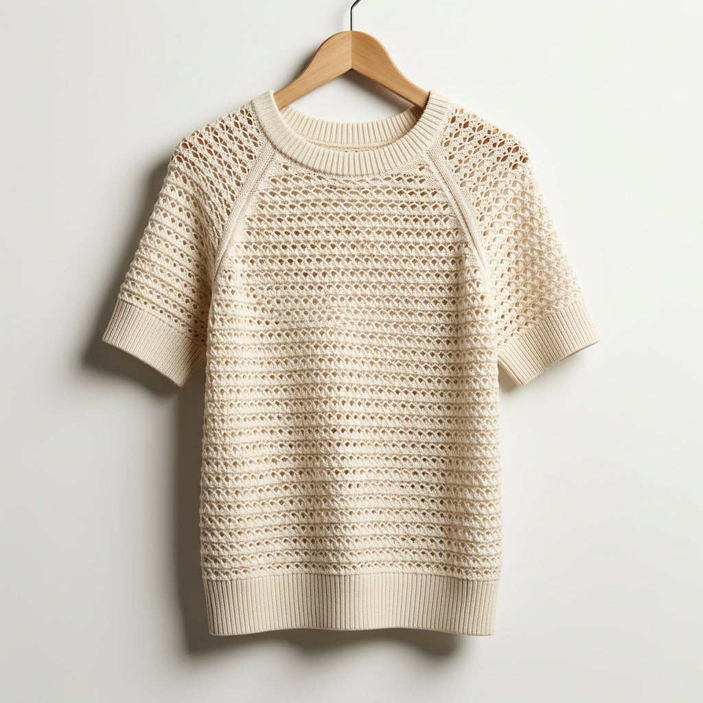 Varley Sweater Short Sleeve Wide Knit Beige Men’s Size M