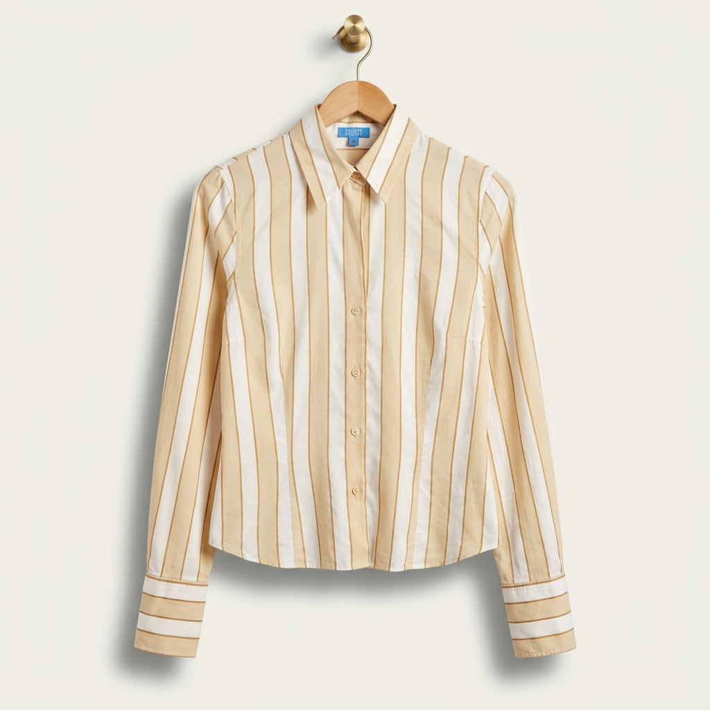 Escada Sport Silk Button Up Vertical Stripes White/Beige/Gold Ladies Size 38