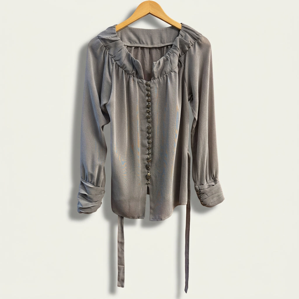 Nick & Mo Blouse Top Front Buttons Tie Grey Ladies Size M