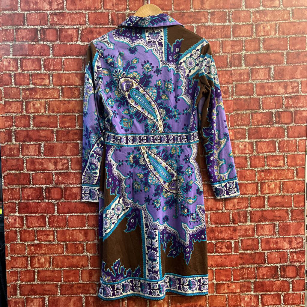 the Wilroy Traveler Midi Dress Buttons Floral/Paisley Purple/Brown
