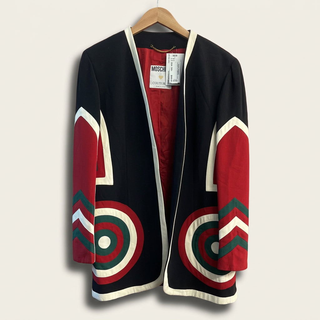 Moschino Couture 'Target Practice' 1989 Blazer Jacket Open Color Block Shapes Black/Red/Gree/White Ladies Size M