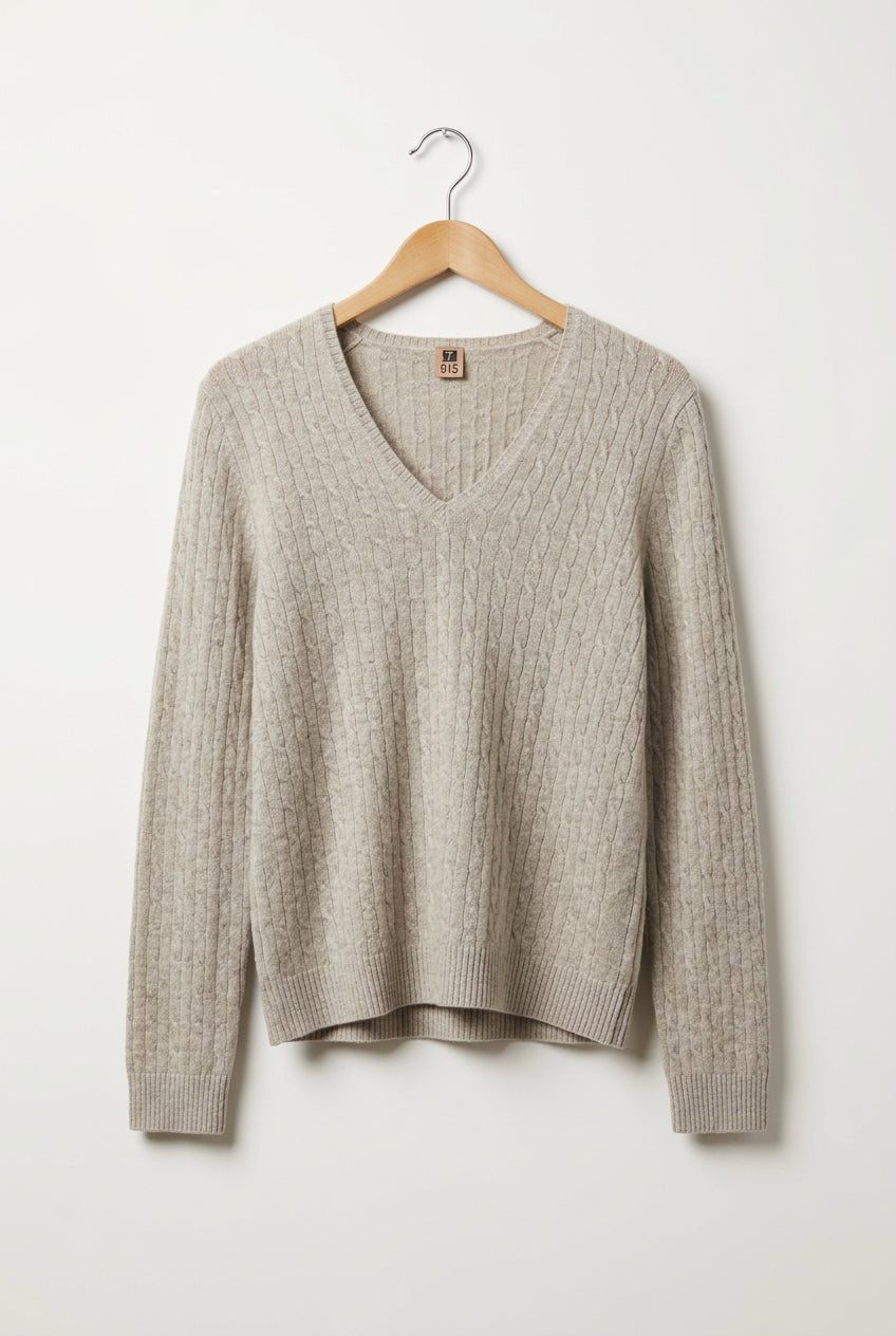 J Crew Vertical Fine Cable Knit V-Neck Sweater Creme Ladies Size L