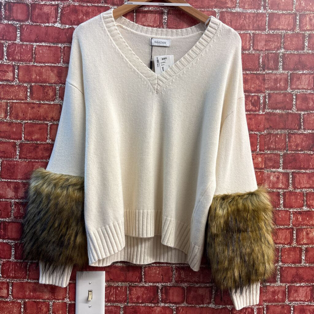 Naadam Faux Fur Cuff V-Neck Wool-Cashmere Blend Sweater Creme/Brown Size S