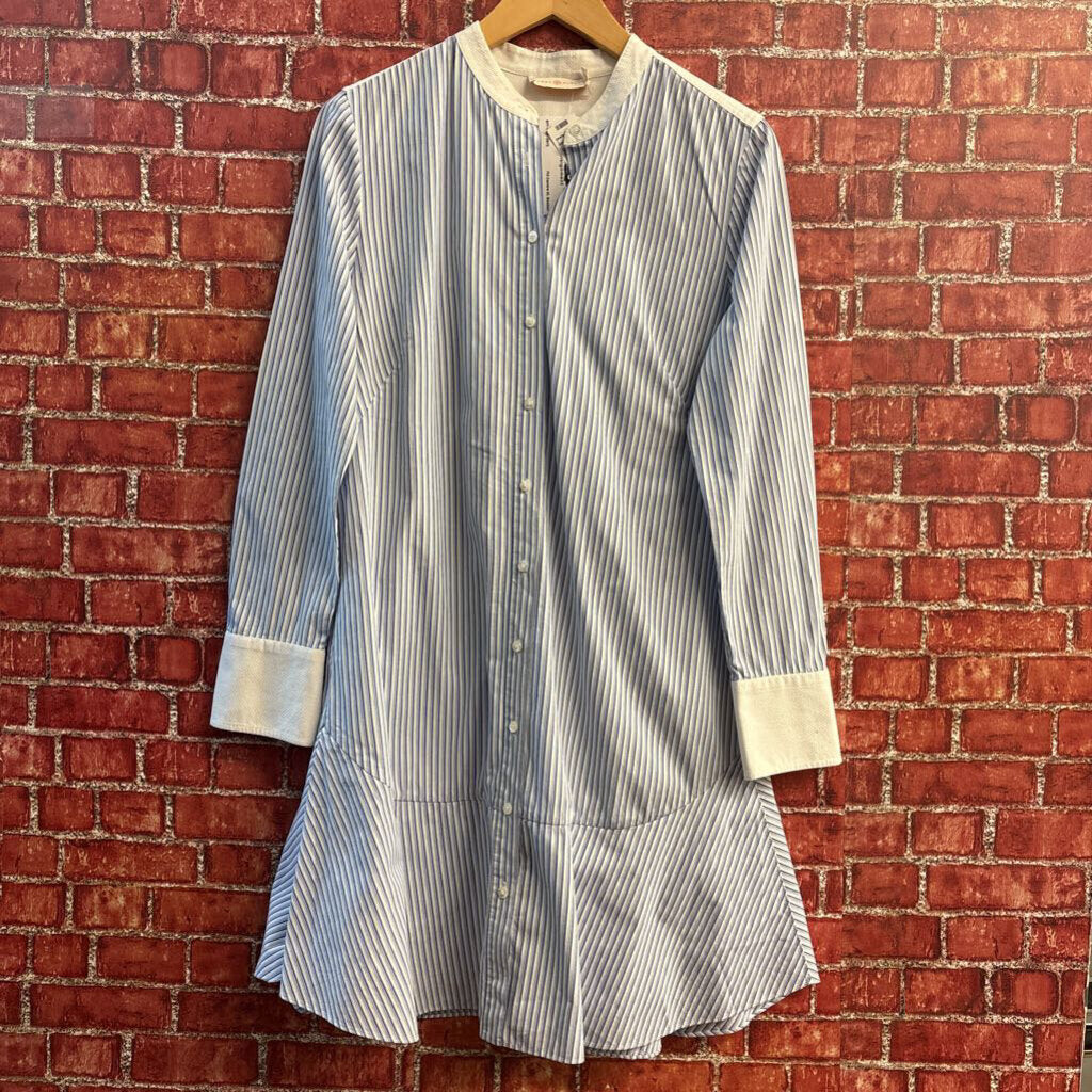 Tory Burch Striped Peplum Shirt Dress Button Up Long Sleeve Blue/White Size 8