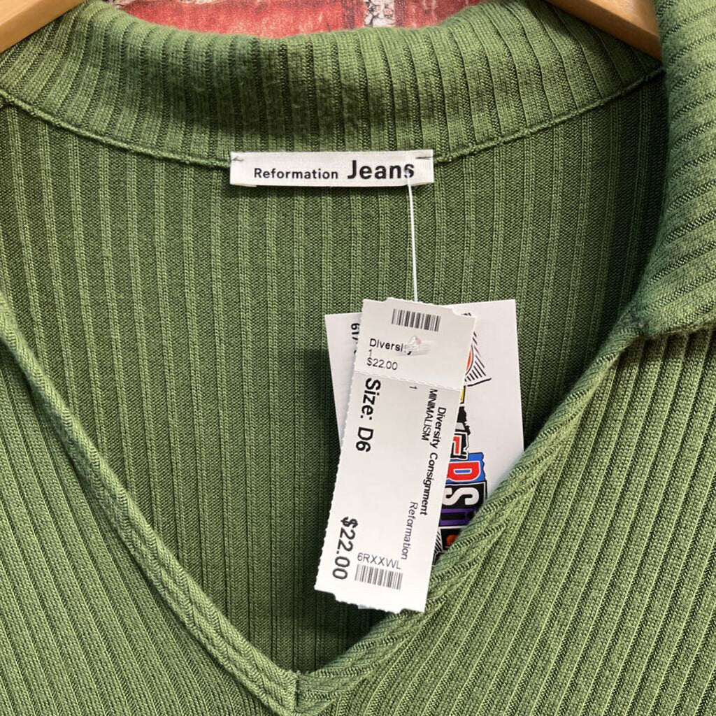 Reformation Ribbed Polo V-Neck Long Sleeve Green Ladies Size XL