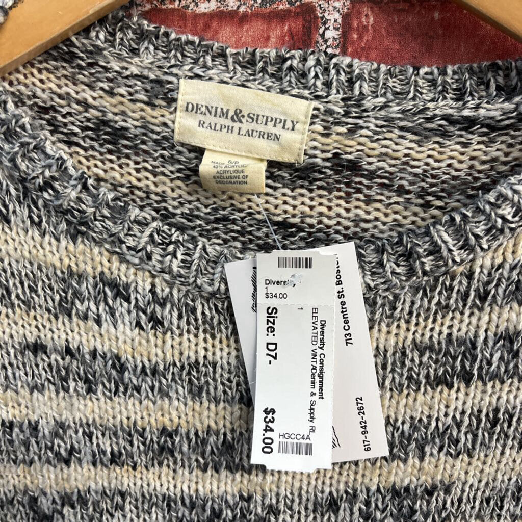 Denim & Supply RL Marled Striped Open-Knit Pullover Sweater Black/Creme Ladies Size S
