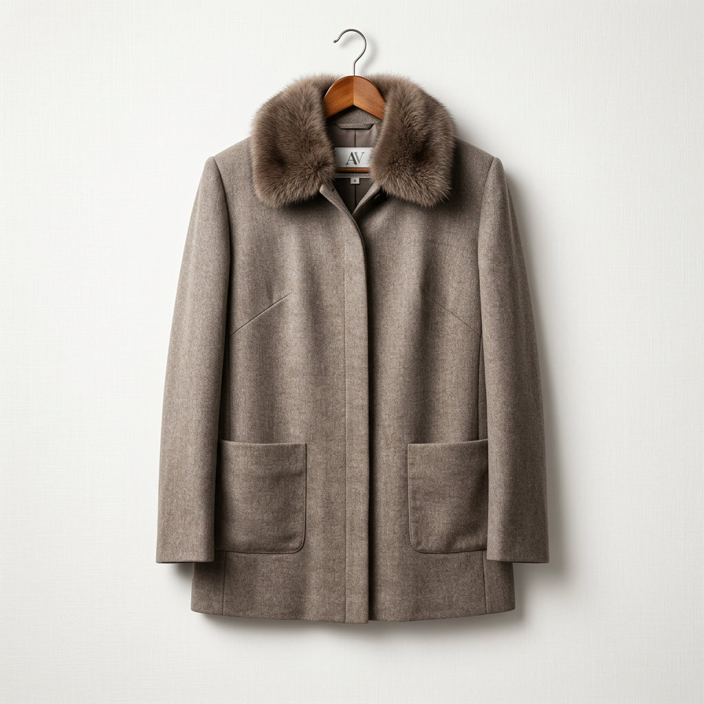 Charisma By Valentino Genuine Fur Collar Vintage Cashmere Coat brown Ladies Size S