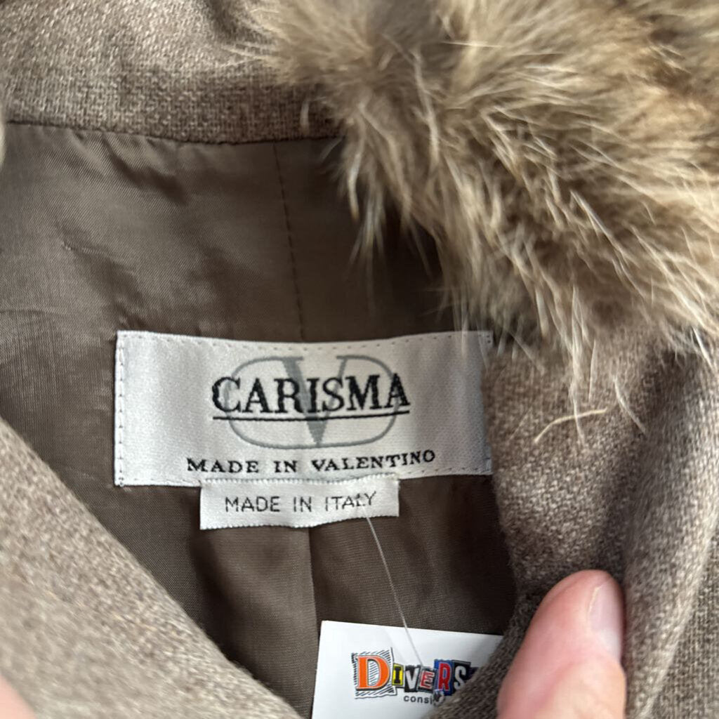 Charisma By Valentino Genuine Fur Collar Vintage Cashmere Coat brown Ladies Size S