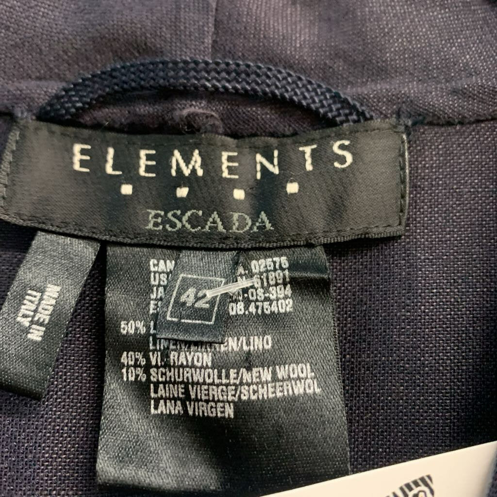 Escada Elements Navy Blue Linen Blazer With Globe Buttons Ladies Size 42
