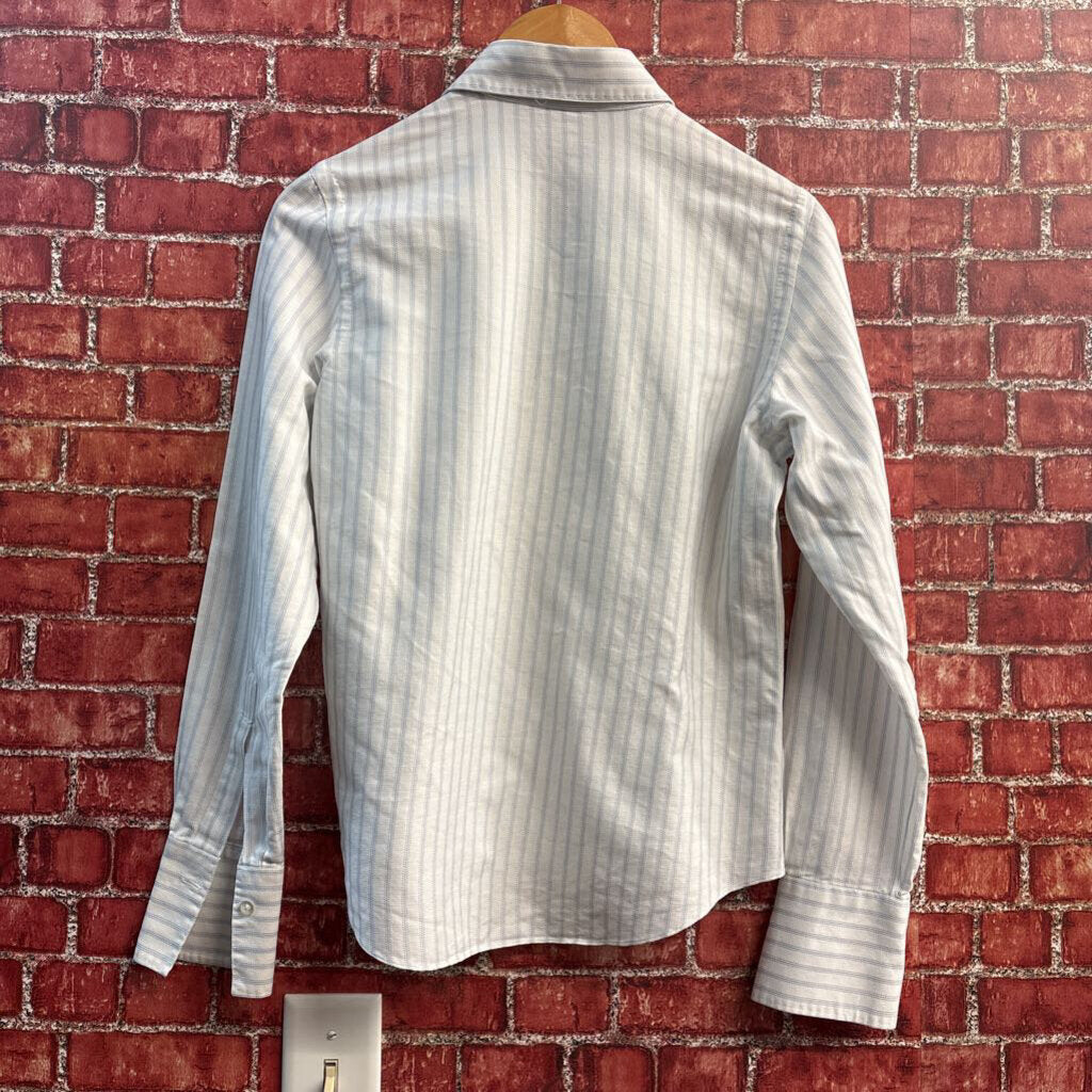 Borrelli Button Up Stripped Pearl Buttons Blue/White Ladies Size 42