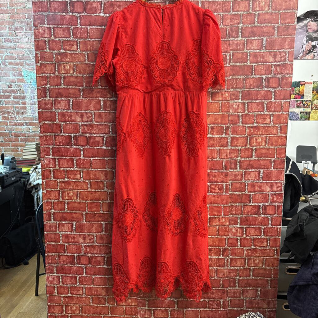 Tuckernuck Dress Maxi Length Floral Meshing Design Long Sleeve Bright Red Ladies Size M