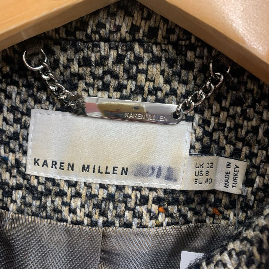 Karen Milen Blazer Button Up Knit Wool Black/White/Rainbow Ladies Size 8