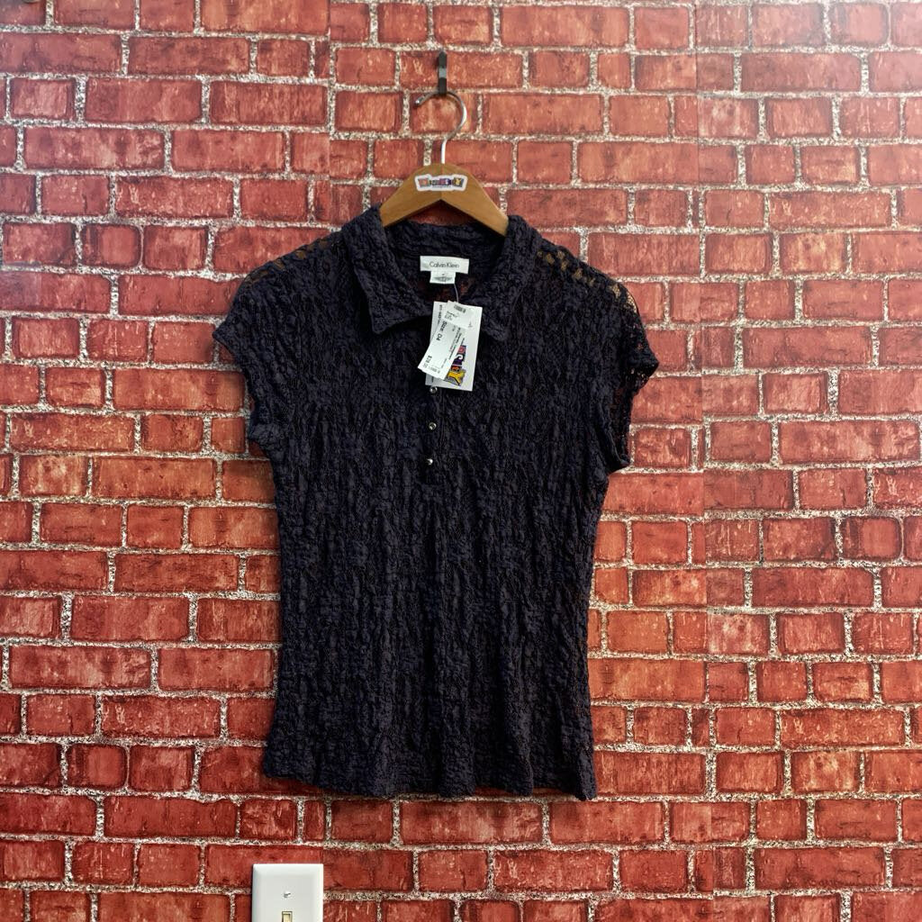 Calvin Klein Floral Lace Polo Top Purple/Silver Size S