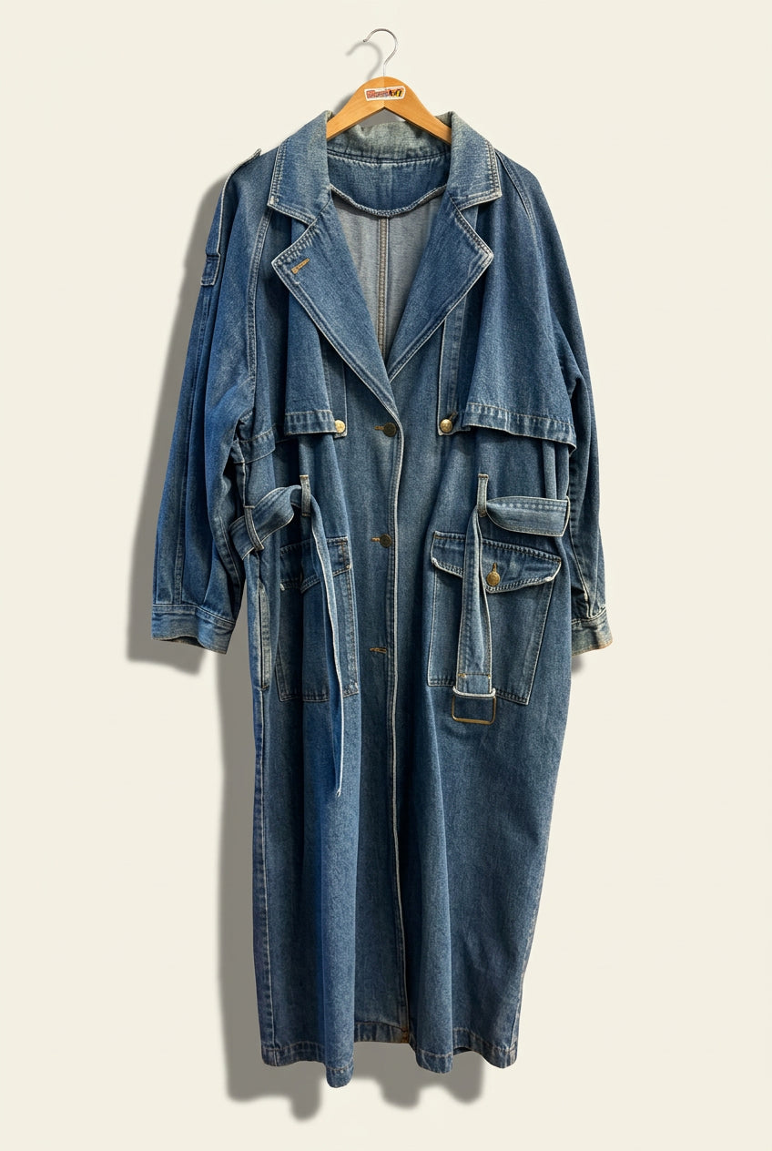 Together! Vintage Trench Coat Denim Blue Ladies Size 16 AS-IS (Missing buttons)