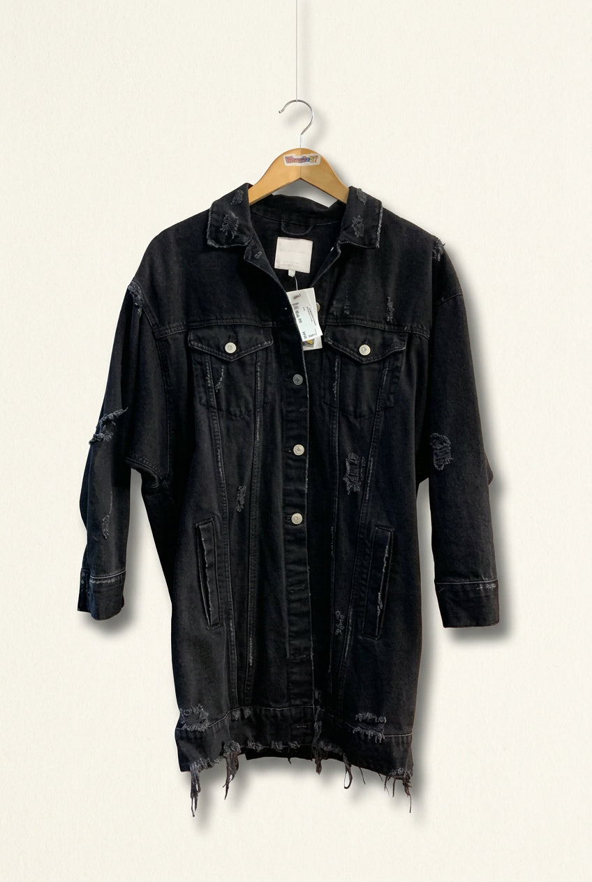 Zara Denim Jacket Long Distressed Black Ladies Size S