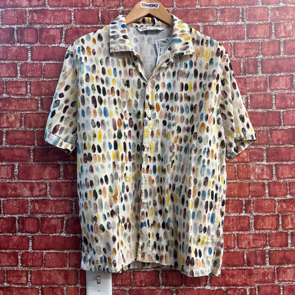 Zara Button Up Short Sleeve Cotton Paint Strokes Beige/Multi Size S