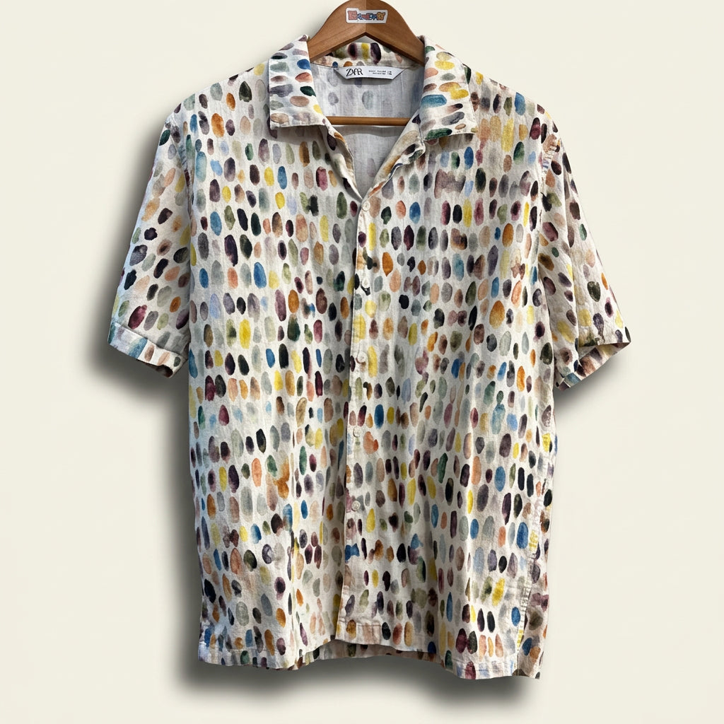 Zara Button Up Short Sleeve Cotton Paint Strokes Beige/Multi Men’s Size S