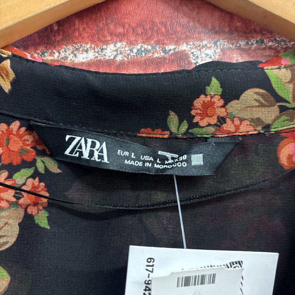 Zara Black & Multi Color Floral Blouse Top Ladies Size L