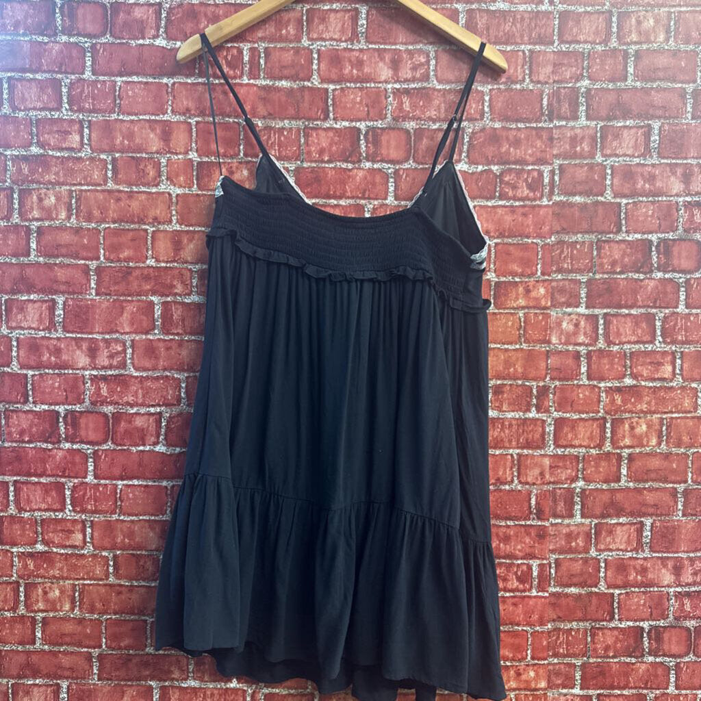 Aeropostale V-Neck Lace-Trim Babydoll Mini Dress Black/White Size L