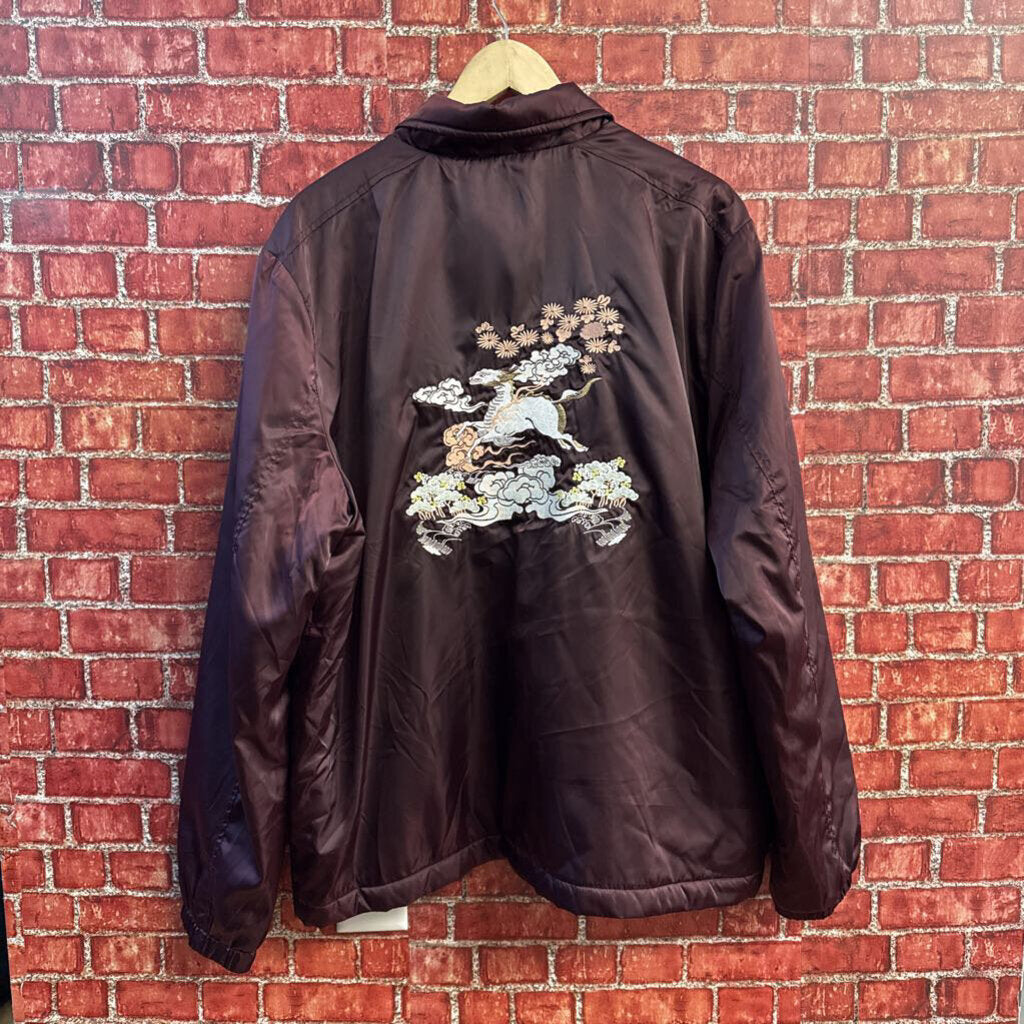 Topman Satin Coach Windbreaker Embroidered Back Maroon/White/Peach/Multi Size XL