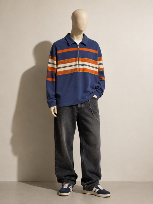 Polo Ralph Lauren Vintage Pull Over 1/2 Zip Stripes Blue/Orange/White Men’s Size L