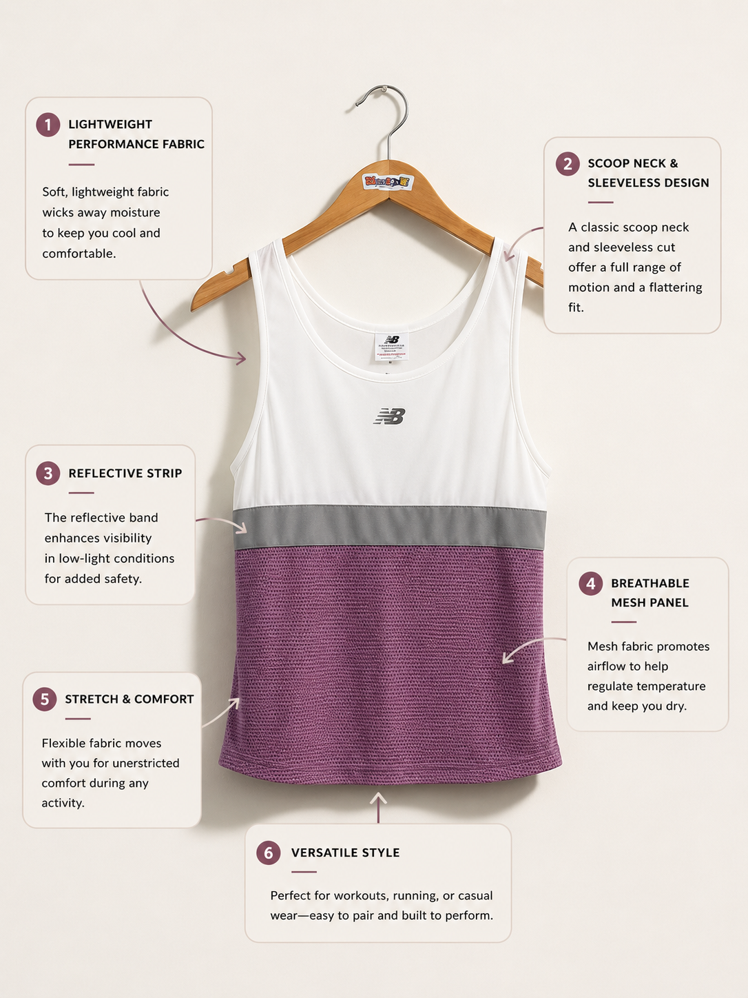 New Balance Vintage Athletic Tank Mesh White/Grey/Purple Ladies Size M