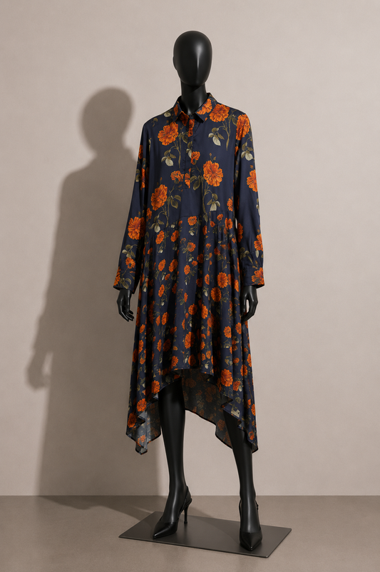 Mother of Pearl Midi Dress Asymmetrical Floral Navy Blue/Orange Size S