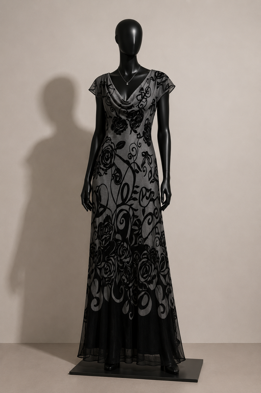 Phase Eight Maxi Dress AS-IS Cap Sleeve Silk/Velvet Floral Grey Size 12