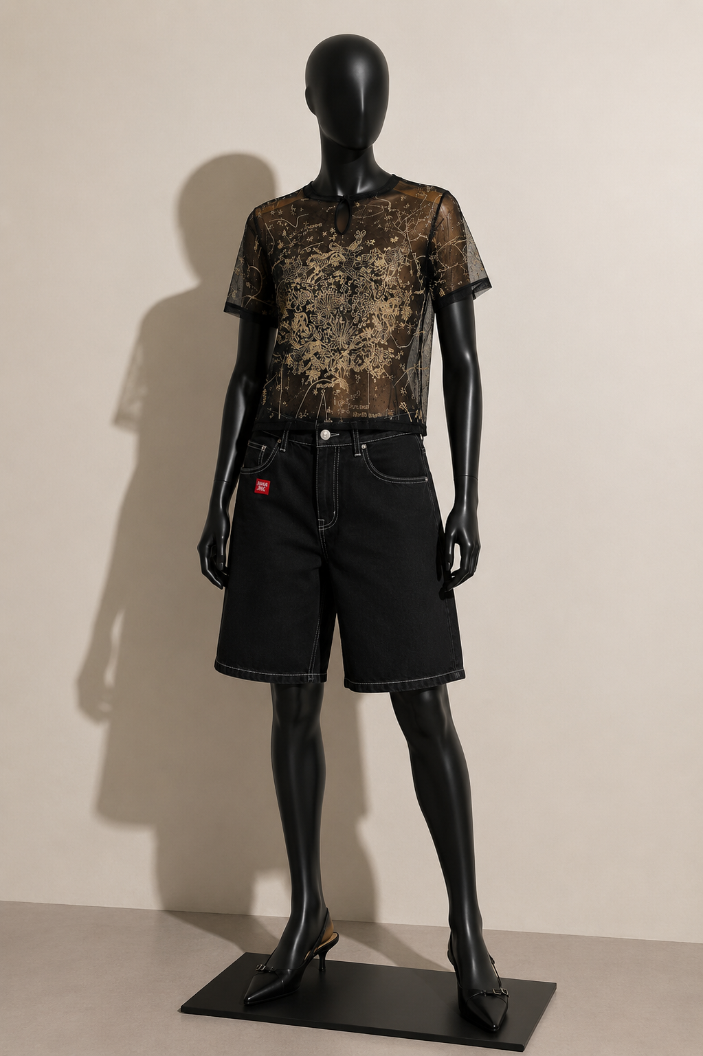 Christian Dior Top Mesh Embroidered Black/Beige/Silver Ladies Size L