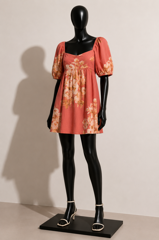 Free People Mini Dress Puff Sleeves Floral Pink Size S