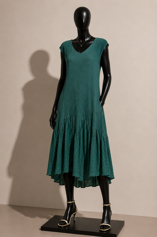 ISSEY MIYAKE Cauliflower Midi Dress Scrunchy Dot Bottom Teal XL