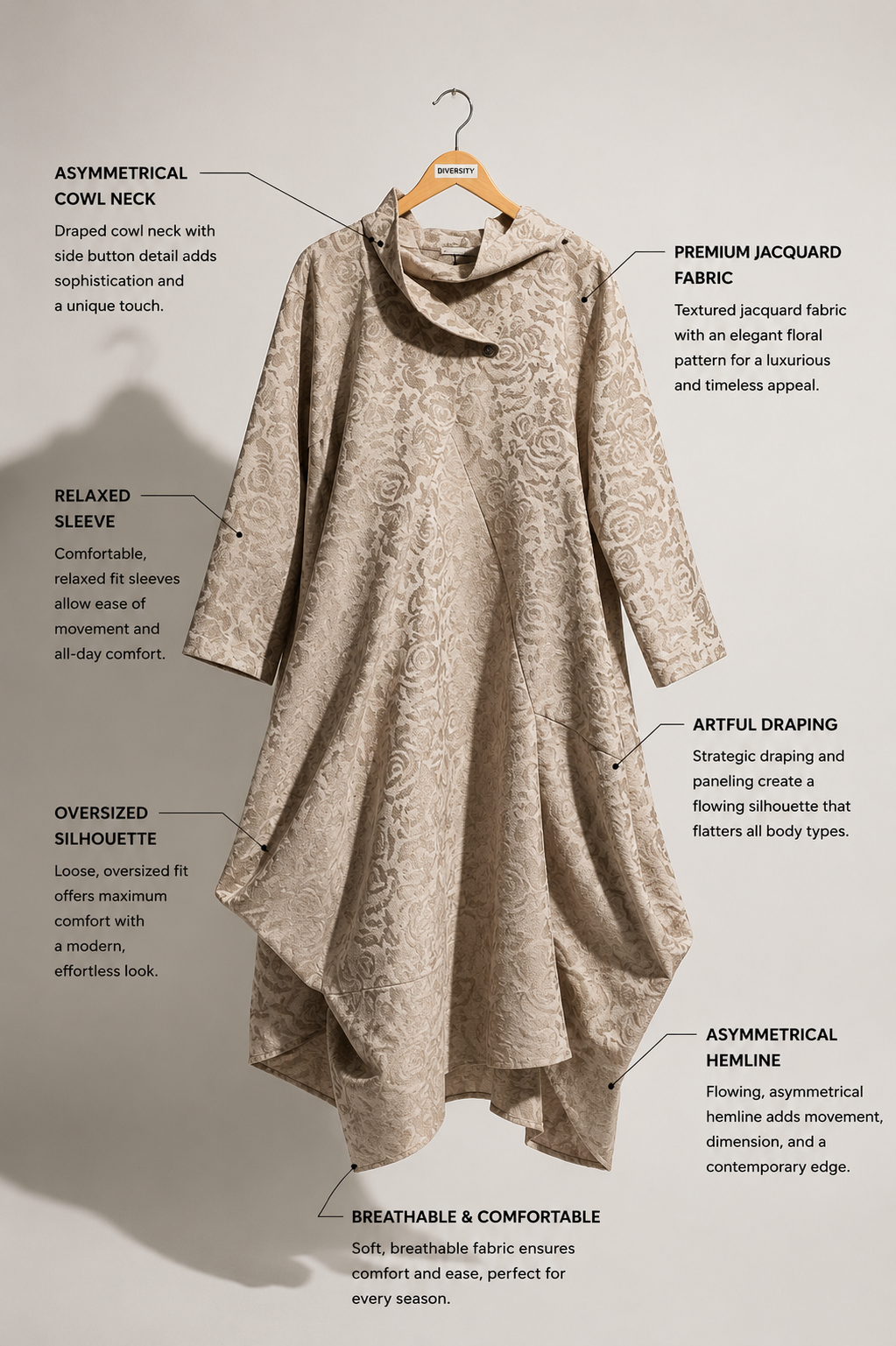 Dress To Kill Long Sleeve Dress Cowl Neck Floral Metallic Tan Size OS
