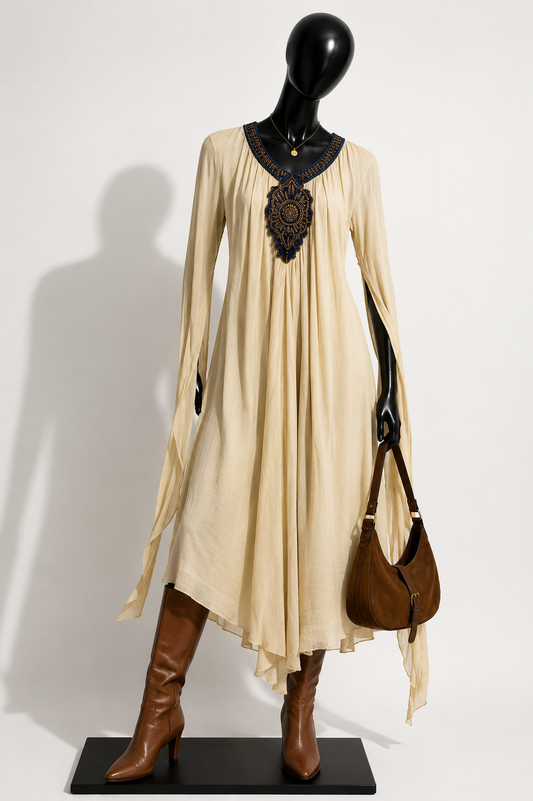 Vintage Anarkali Maxi Dress Zardozi Embellishment Beige/Blue Size M
