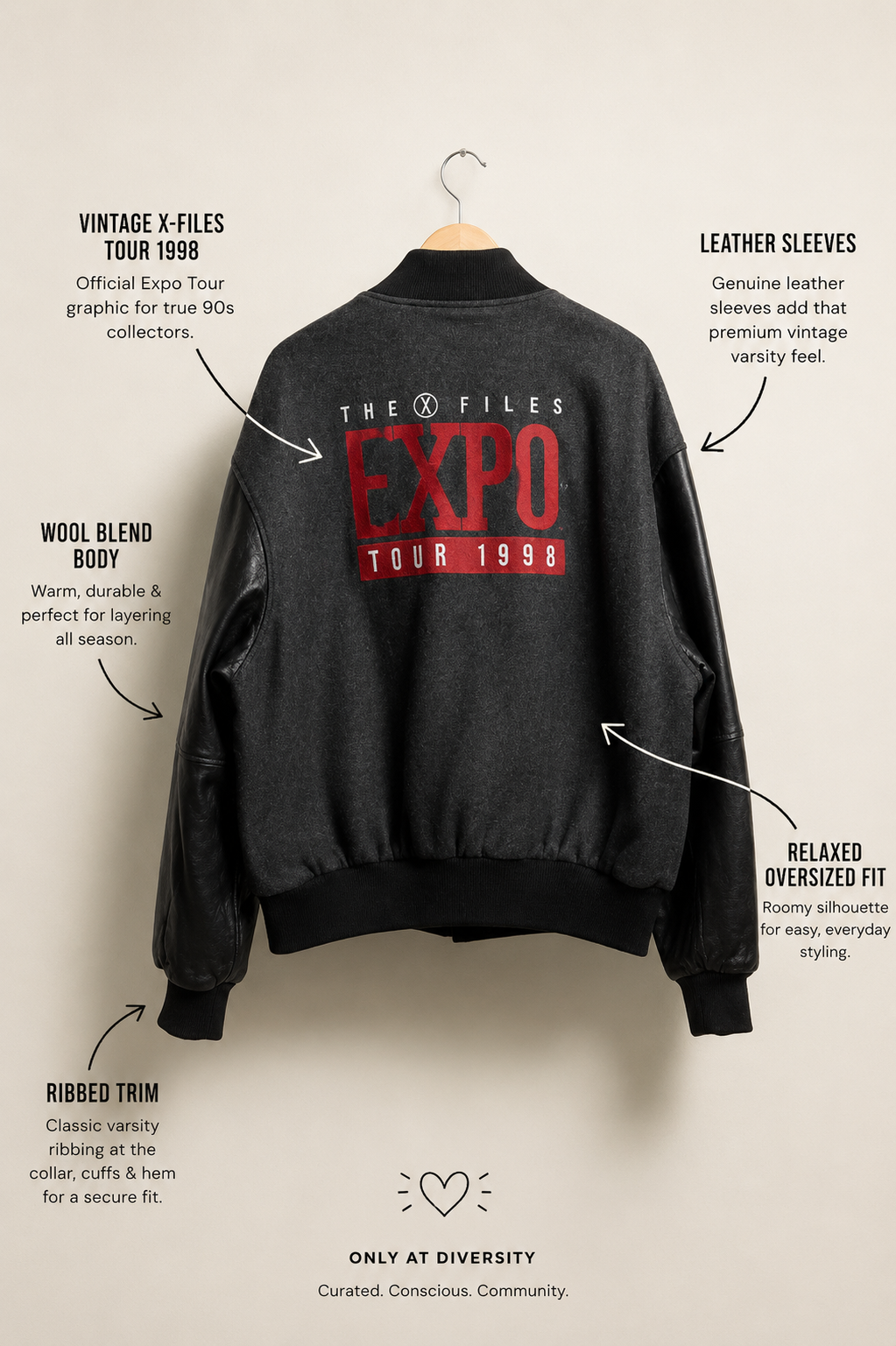 The X-Files Expo Tour 1998 Varisty Jacket Leather Sleeves Wool Grey/Black Size XL