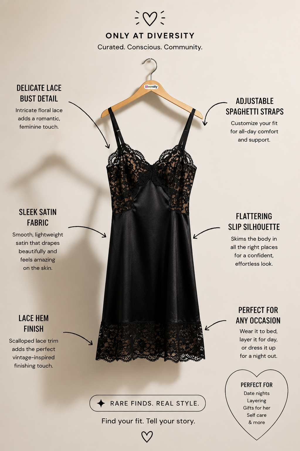 Gossard Vintage Slip Dress Lace Top Black Size 34