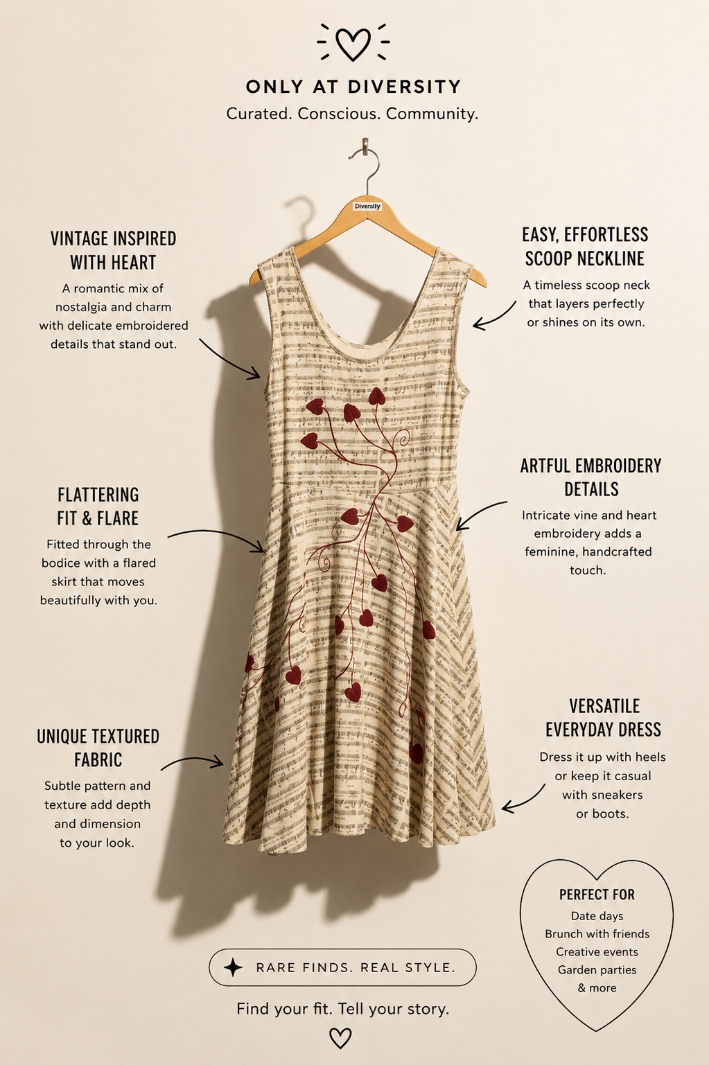 Effie's Heart Tank Dress Music Notes Hearts Beige/Black/Red Size XL