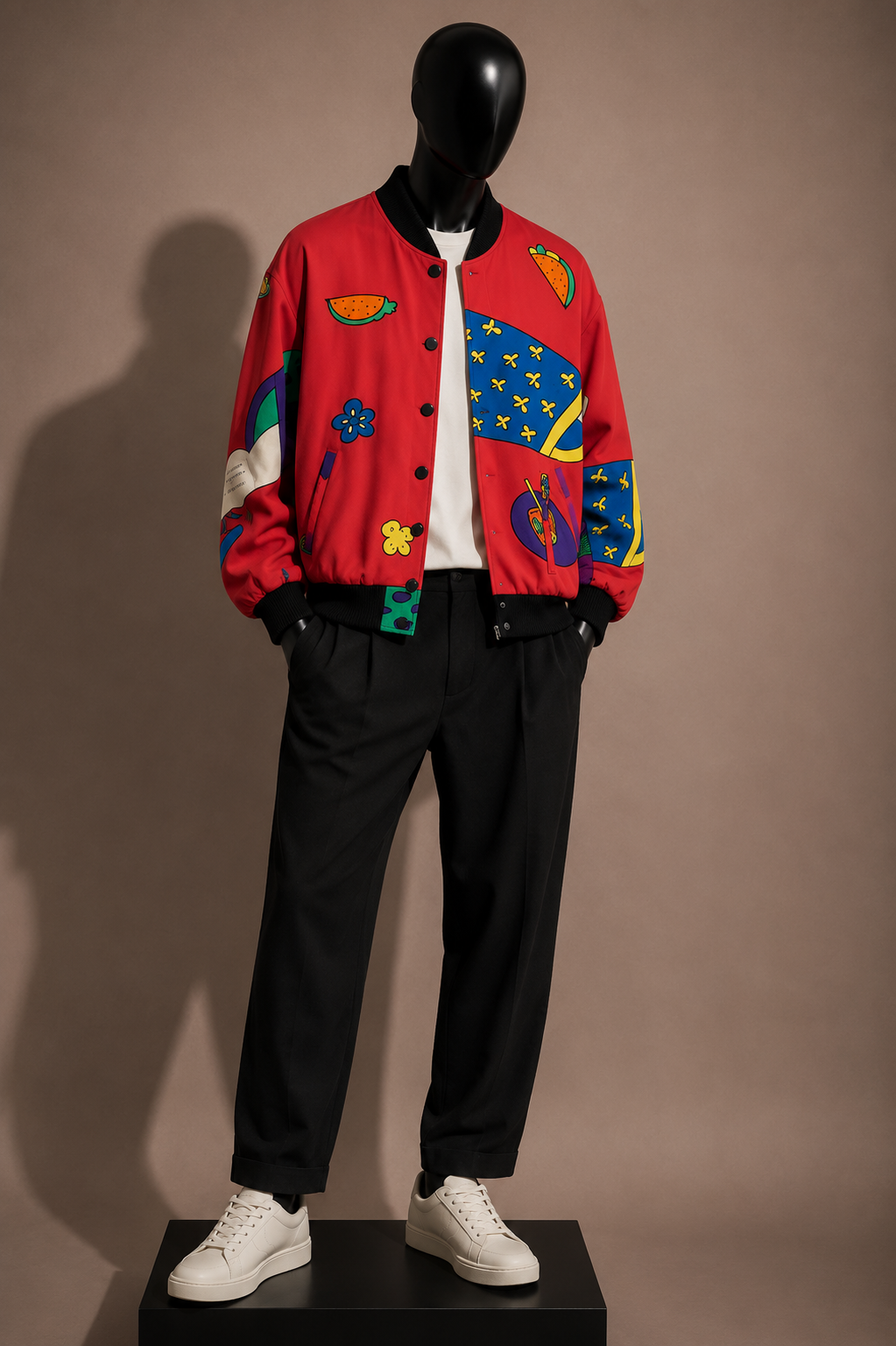 Vintage Hand Painted Silk Bomber Jacket Red/Multi Size 2XL