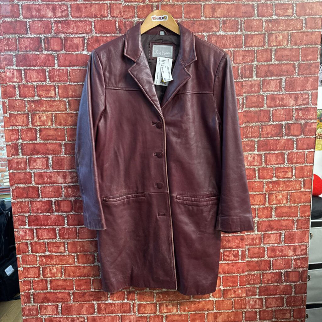 Red leather coat offered by Diversity Consignment, illustrating Boston cold-weather outerwear