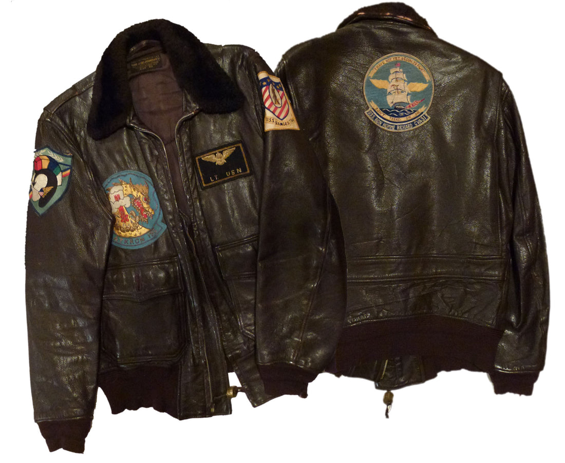 Vintage United States Navy leather flight jacket with squadron patches