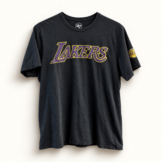 47 Brand Lakers grey purple and yellow tee on off white editorial background