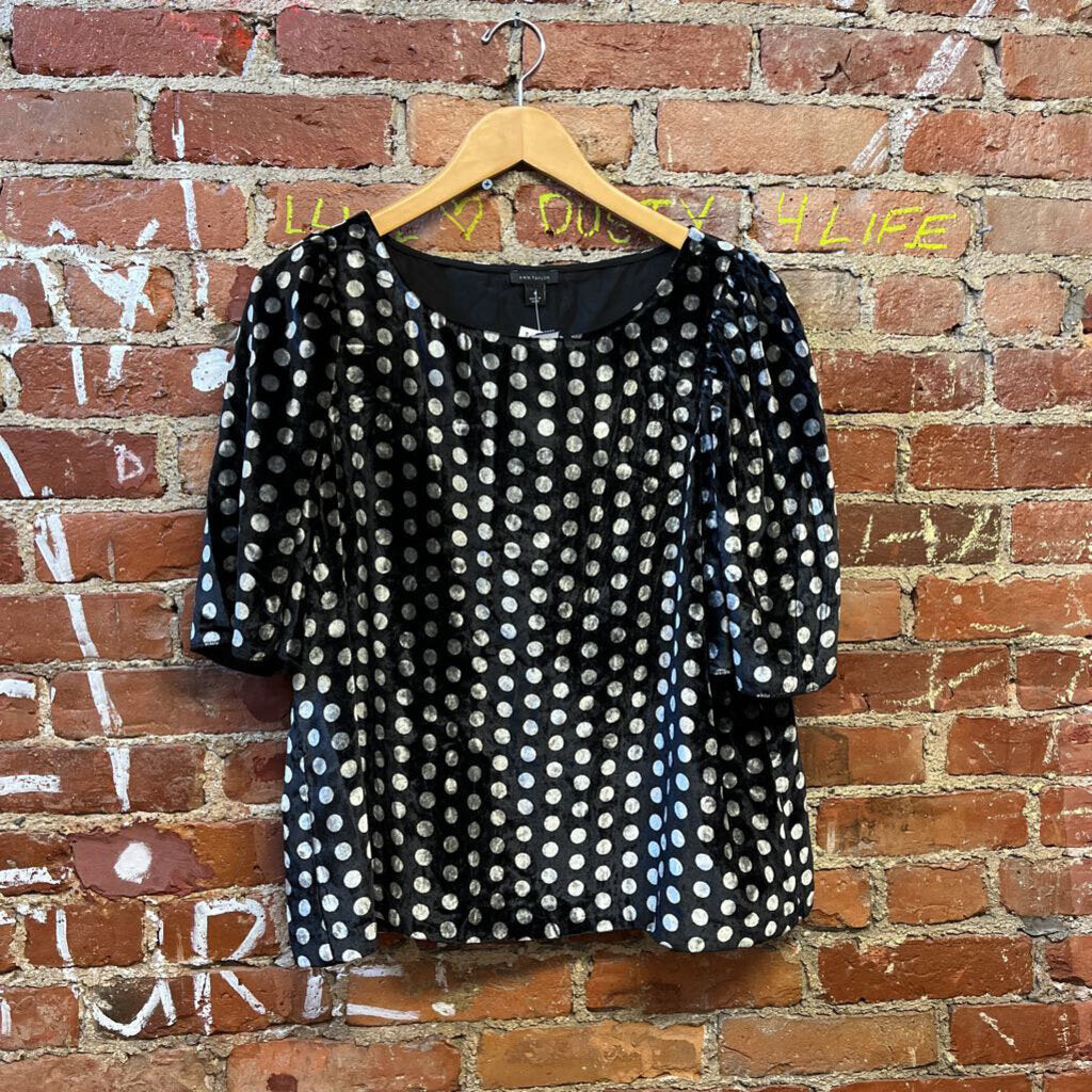 Ann Taylor Velour Polka Dot Top Black Size M