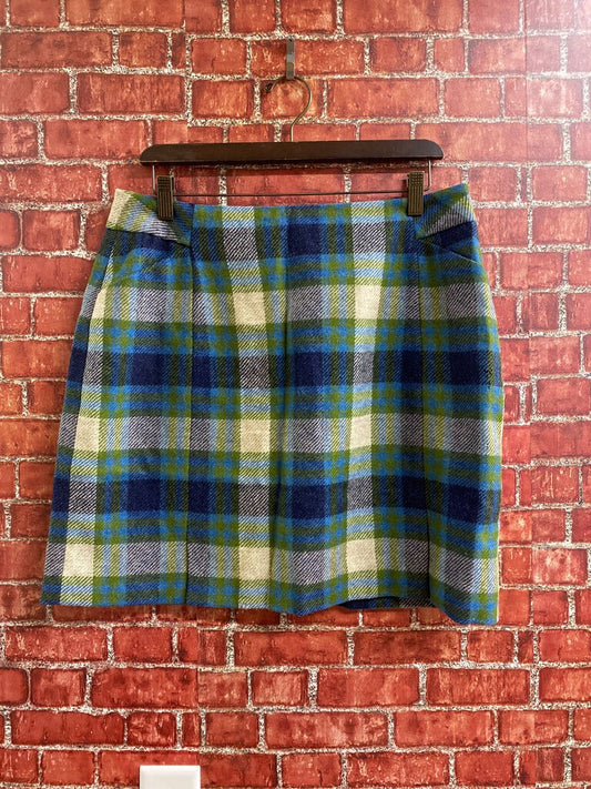 Boden British Tweed Plaid Skirt Blue Green Size 10R