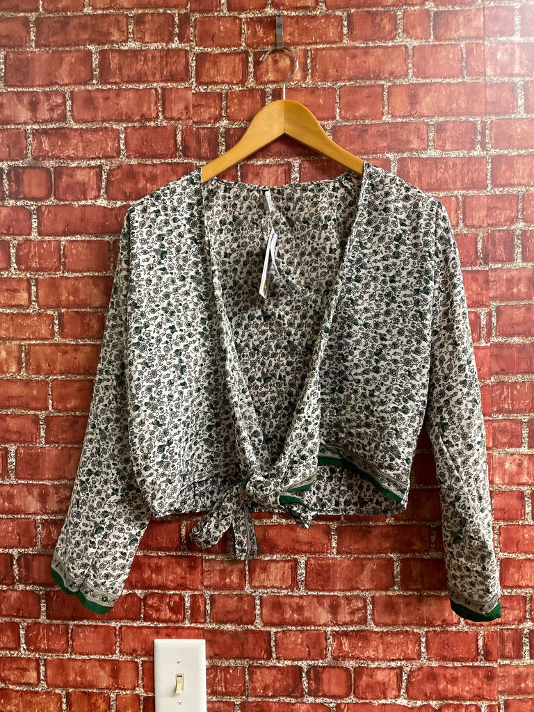 Vintage SILK Floral Wrap Cardigan White Green Size S