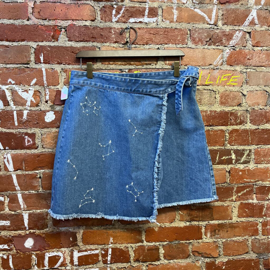 Handmade Embroidered Constellation Denim Mini Skirt Blue Size 8